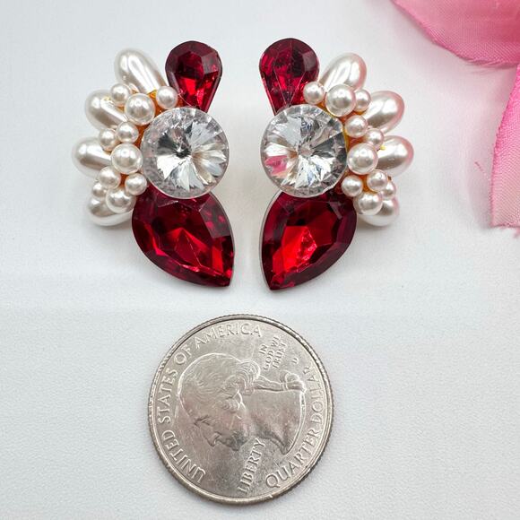 Vintage Big Red Rhinestone Faux Pearl Cluster Earrings Ballroom Dance Pageant - Picture 6 of 7
